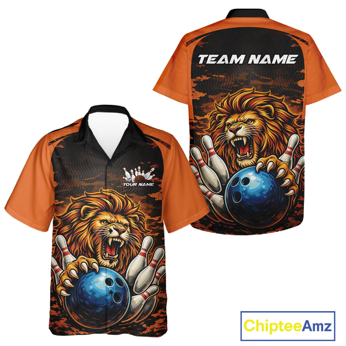 Custom Orange Camo Lion Bowling Men And Women Button Up Shirt, Lion Bowling Team League Shirt IPHW10369