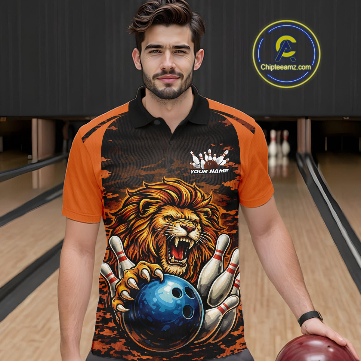 Custom Orange Camo Lion Bowling Men Polo Shirt, Lion Bowling Team League Shirt IPHW10369