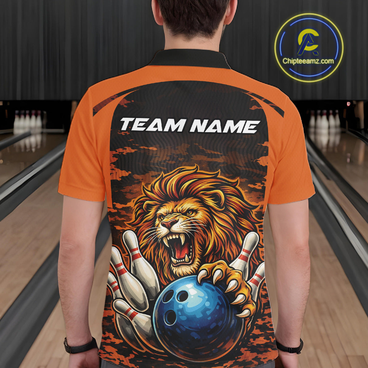 Custom Orange Camo Lion Bowling Men Polo Shirt, Lion Bowling Team League Shirt IPHW10369