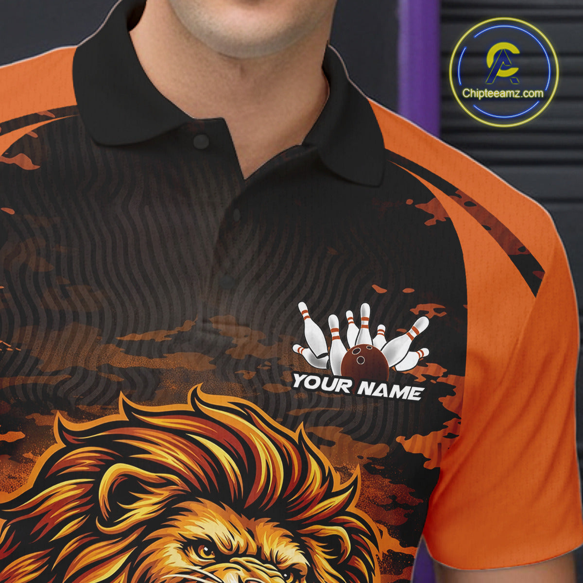 Custom Orange Camo Lion Bowling Men Polo Shirt, Lion Bowling Team League Shirt IPHW10369
