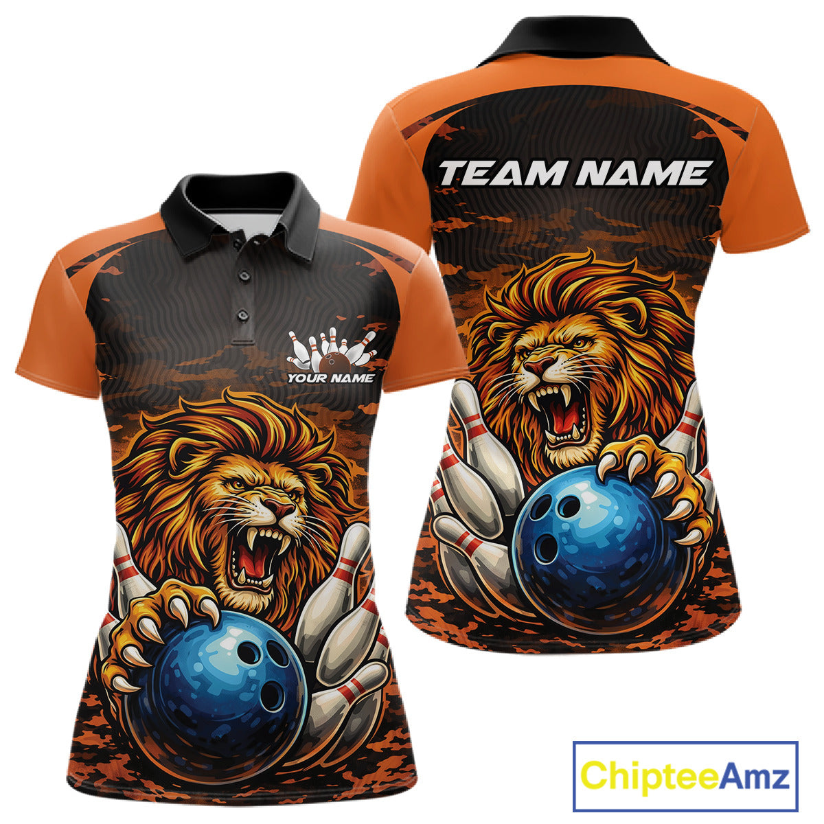 Custom Orange Camo Lion Bowling Women Polo Shirt, Lion Bowling Team League Shirt IPHW10369