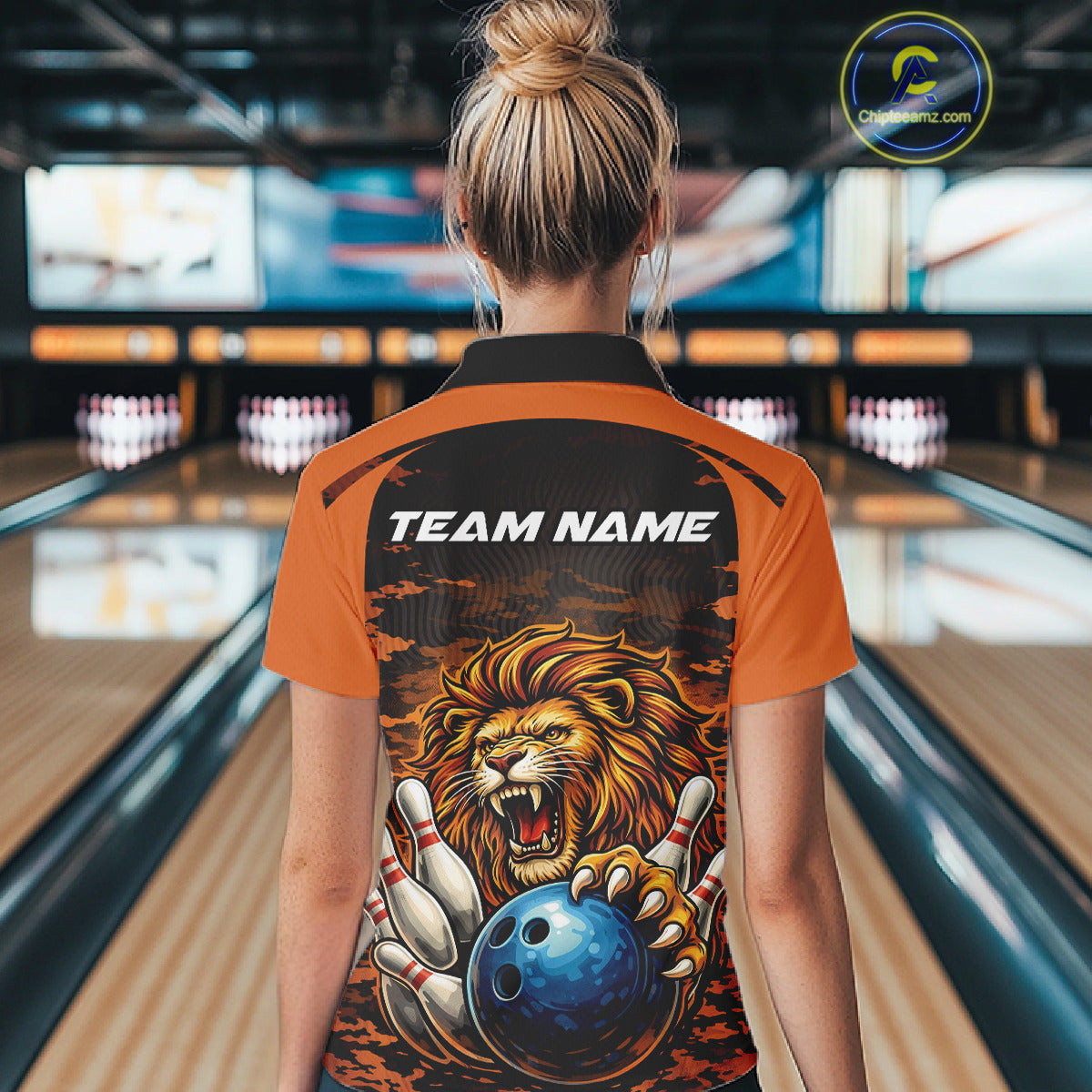 Custom Orange Camo Lion Bowling Women Polo Shirt, Lion Bowling Team League Shirt IPHW10369