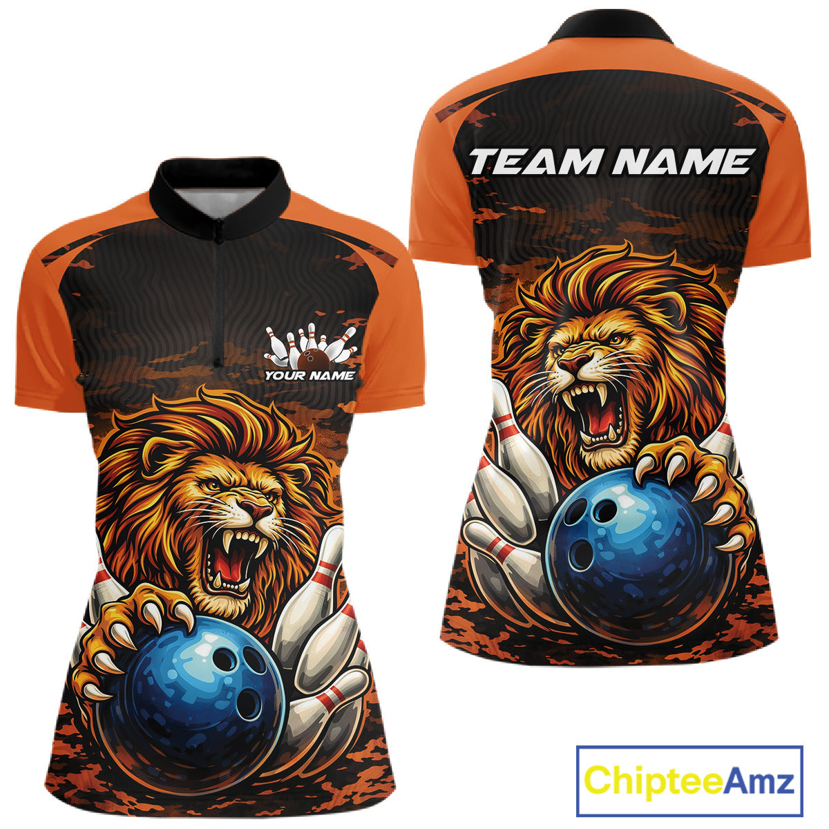 Custom Orange Camo Lion Bowling Women Quarter-Zip Shirt, Lion Bowling Team League Shirt IPHW10369
