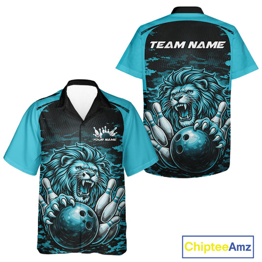 Custom Blue Camo Lion Bowling Men And Women Button Up Shirt, Lion Bowling Team League Shirt IPHW10370