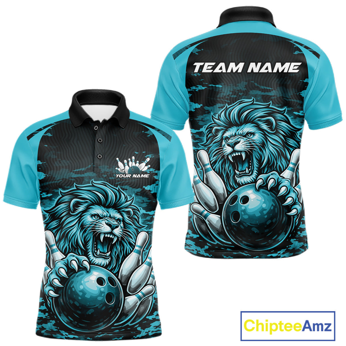 Custom Blue Camo Lion Bowling Men Polo Shirt, Lion Bowling Team League Shirt IPHW10370