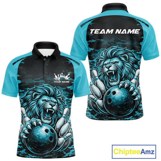 Custom Blue Camo Lion Bowling Men Polo Shirt, Lion Bowling Team League Shirt IPHW10370