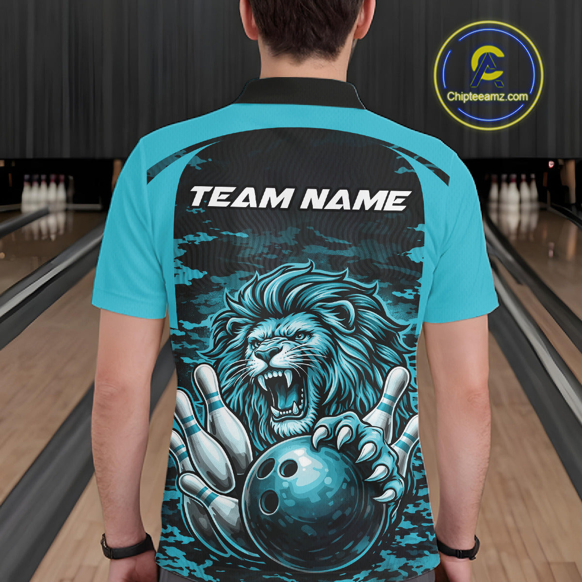 Custom Blue Camo Lion Bowling Men Polo Shirt, Lion Bowling Team League Shirt IPHW10370