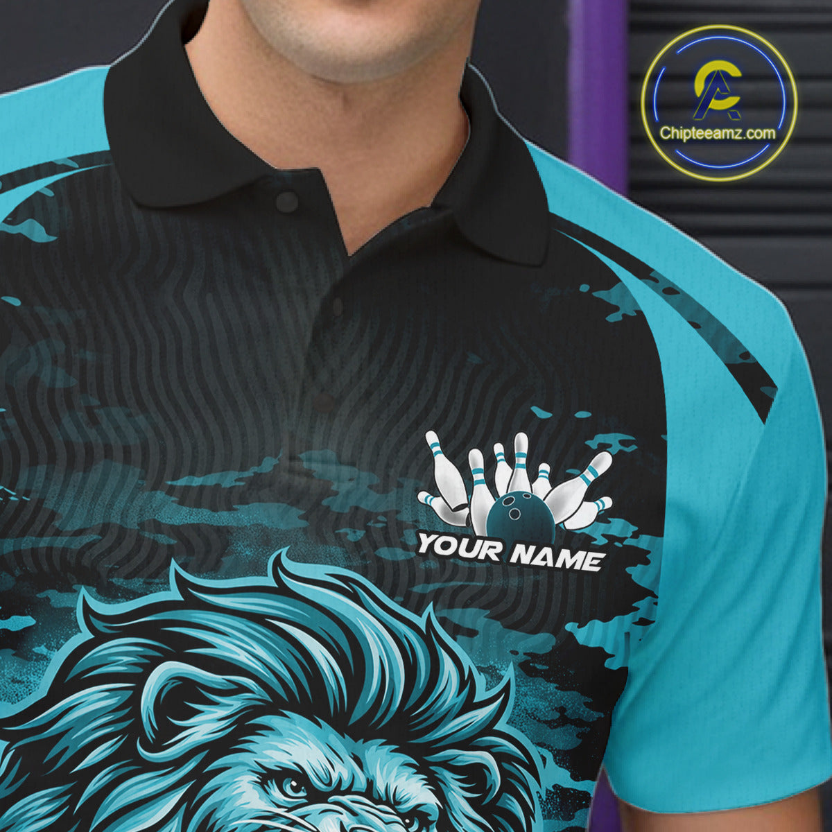 Custom Blue Camo Lion Bowling Men Polo Shirt, Lion Bowling Team League Shirt IPHW10370
