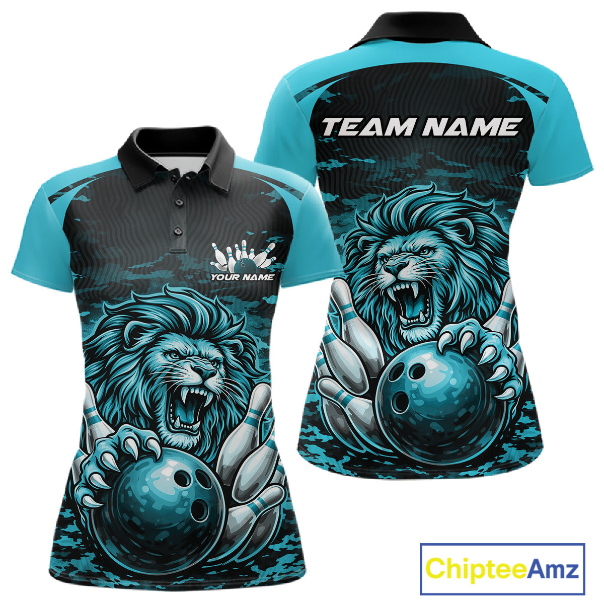 Custom Blue Camo Lion Bowling Women Polo Shirt, Lion Bowling Team League Shirt IPHW10370