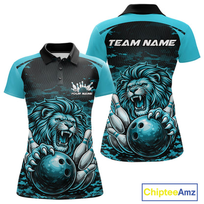 Custom Blue Camo Lion Bowling Women Polo Shirt, Lion Bowling Team League Shirt IPHW10370