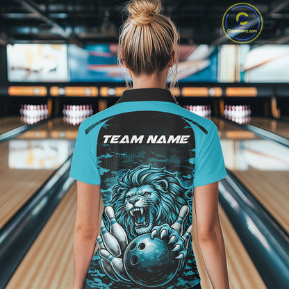 Custom Blue Camo Lion Bowling Women Polo Shirt, Lion Bowling Team League Shirt IPHW10370