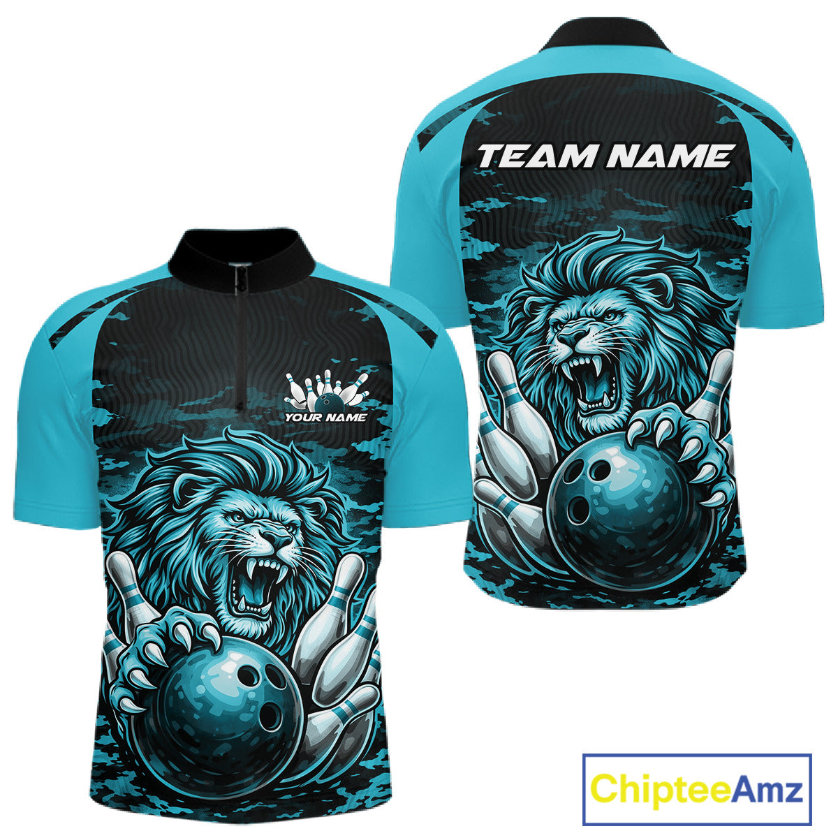 Custom Blue Camo Lion Bowling Men Quarter Zip Shirt, Lion Bowling Team League Shirt IPHW10370