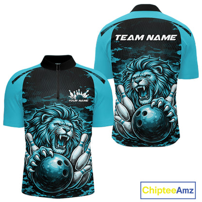 Custom Blue Camo Lion Bowling Men Quarter Zip Shirt, Lion Bowling Team League Shirt IPHW10370