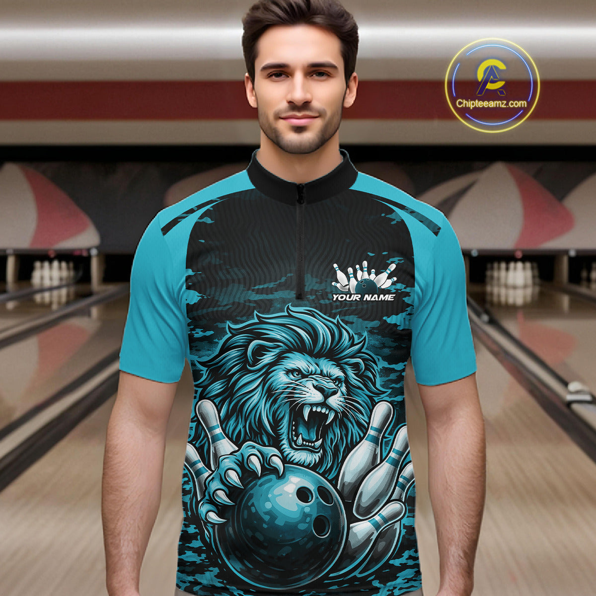 Custom Blue Camo Lion Bowling Men Quarter Zip Shirt, Lion Bowling Team League Shirt IPHW10370