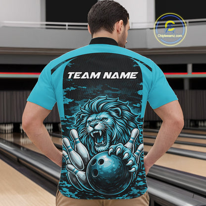 Custom Blue Camo Lion Bowling Men Quarter Zip Shirt, Lion Bowling Team League Shirt IPHW10370