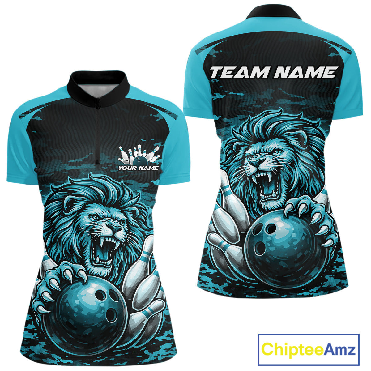 Custom Blue Camo Lion Bowling Women Quarter-Zip Shirt, Lion Bowling Team League Shirt IPHW10370