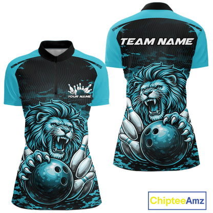 Custom Blue Camo Lion Bowling Women Quarter-Zip Shirt, Lion Bowling Team League Shirt IPHW10370