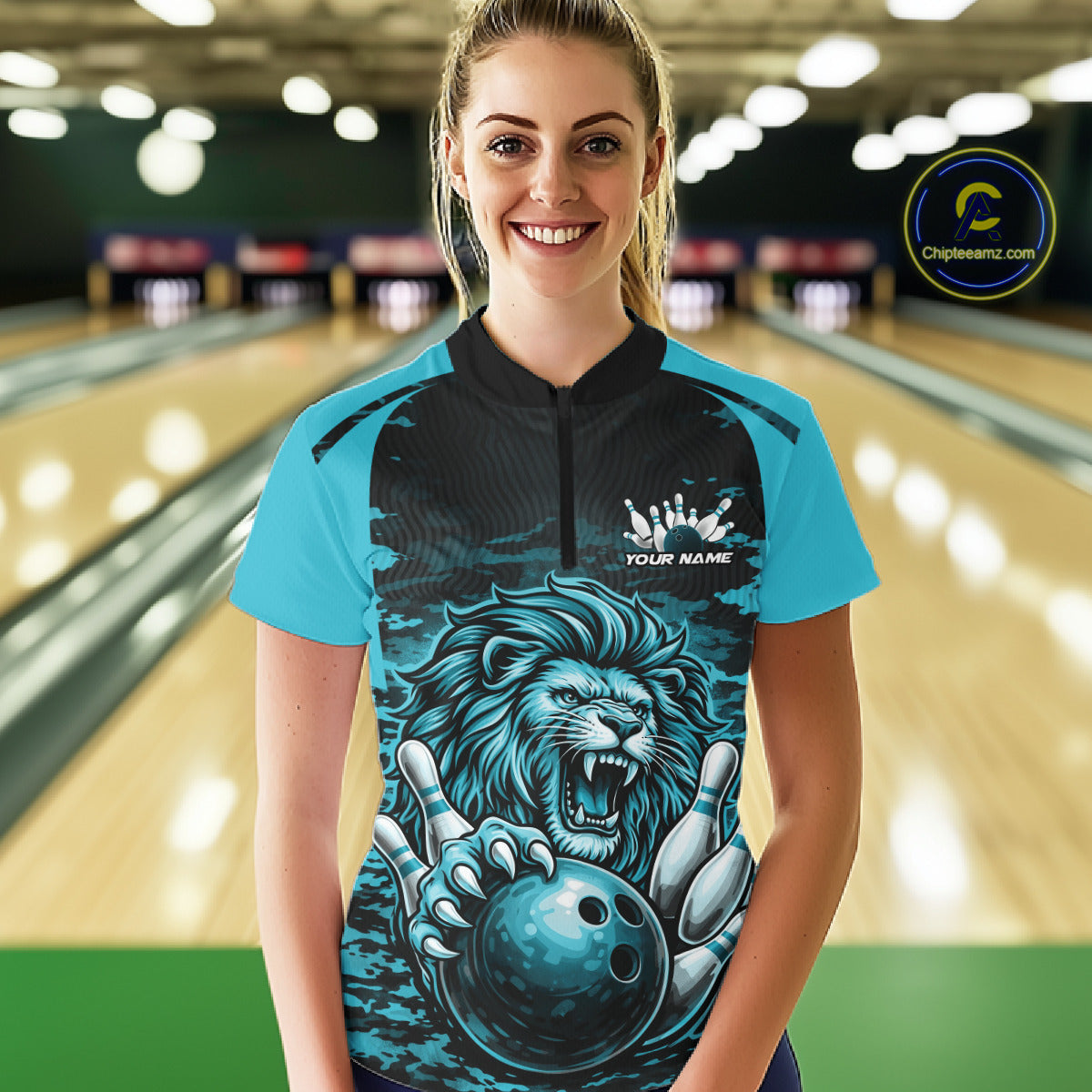 Custom Blue Camo Lion Bowling Women Quarter-Zip Shirt, Lion Bowling Team League Shirt IPHW10370
