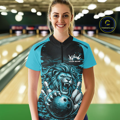 Custom Blue Camo Lion Bowling Women Quarter-Zip Shirt, Lion Bowling Team League Shirt IPHW10370