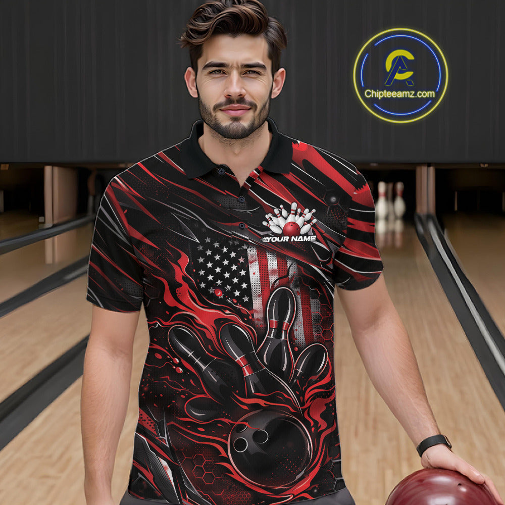 Male model at a bowling lane wearing a black and red bowling polo shirt with patriotic bowling strike artwork and fiery accents.