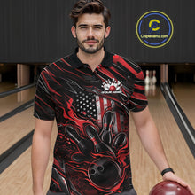 Load image into Gallery viewer, Custom Red American Flag Flame Men Bowling Polo Shirt, Patriotic Bowling Jersey IPHW11175