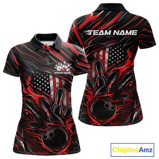 Front and back view of a black and red women’s bowling polo shirt featuring a patriotic flaming bowling ball striking pins and American flag details.