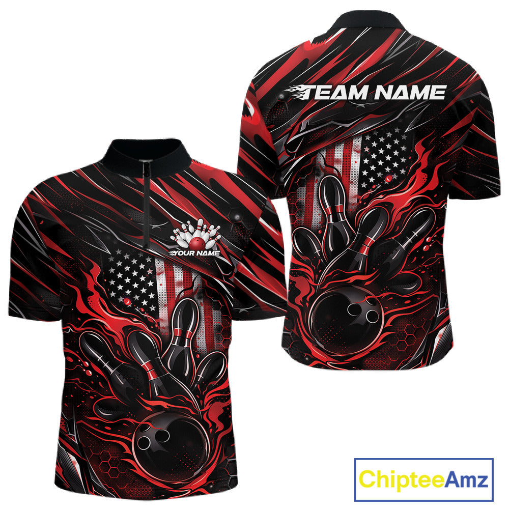 Front and back mockup of a black and red men’s bowling quarter-zip shirt featuring a patriotic flaming bowling ball striking pins with flag-inspired graphics.