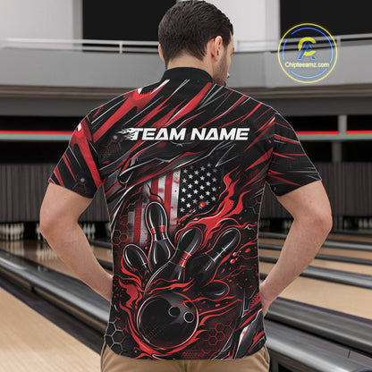 Front view of a male model in a bowling alley wearing a black and red quarter-zip shirt featuring a fiery bowling action scene.
