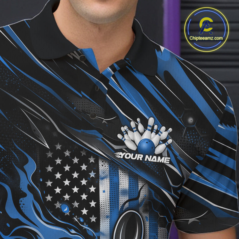 Close-up left chest detail of a black and blue bowling polo shirt featuring a patriotic bowling ball and pin design with flag-inspired graphics.