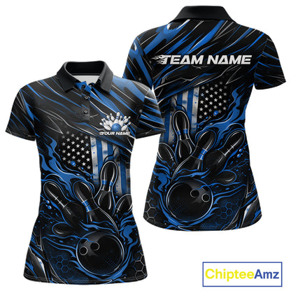 Front and back mockup of a black and blue women’s bowling polo shirt showcasing a patriotic flaming bowling ball striking pins with an American flag theme.