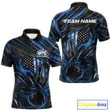 Load image into Gallery viewer, Custom Blue American Flag Flame Men Bowling Polo Shirt, Patriotic Bowling Jersey IPHW11176