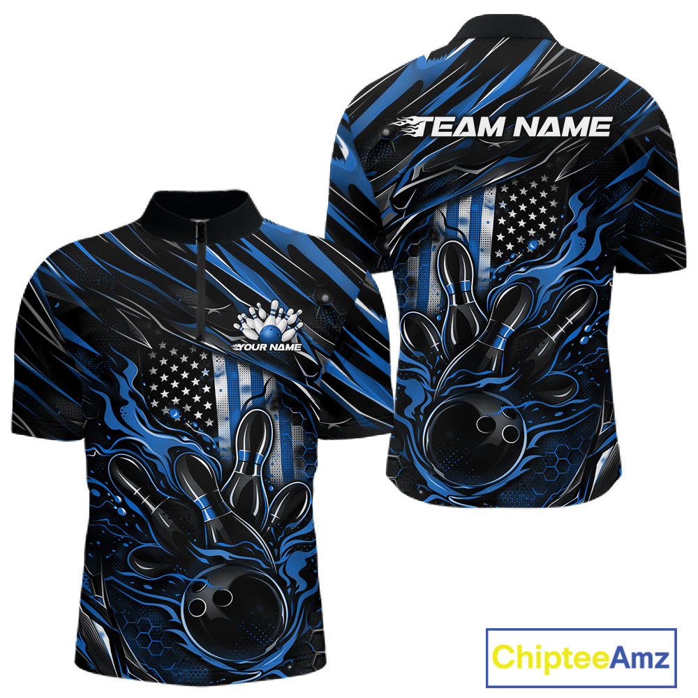 Front and back view of a black and blue men’s bowling quarter-zip shirt showcasing a patriotic flaming bowling ball striking pins with American flag artwork.