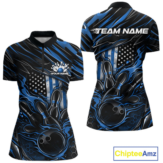 Women’s quarter zip bowling shirt mockup displaying black and blue colorway with patriotic flames bowling ball striking pins and American flag style artwork