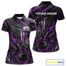 Load image into Gallery viewer, Custom Purple American Flag Flame Women Bowling Polo Shirt, Patriotic Bowling Jersey IPHW11177