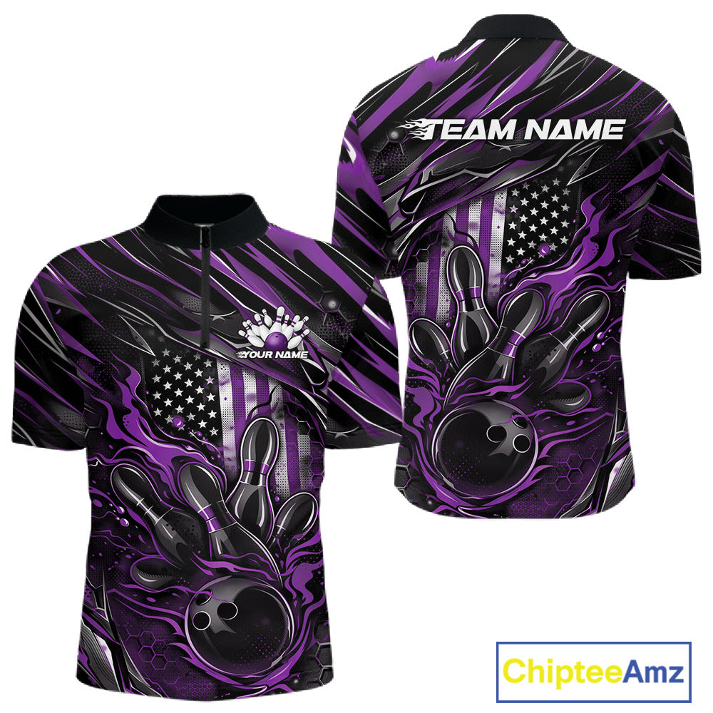 Front and back display of a black and purple men’s bowling quarter-zip shirt featuring a patriotic flaming bowling ball striking pins and flag-themed accents.