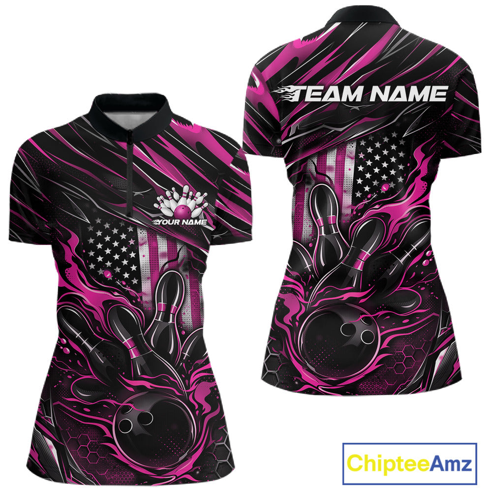 Women’s quarter zip bowling shirt mockup featuring black and pink colorway with patriotic flaming bowling ball striking pins and bold dynamic design