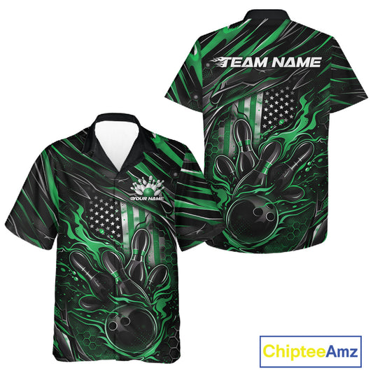 Front and back display of a black and green button-up bowling shirt featuring a patriotic flaming bowling ball striking pins with American flag graphics.