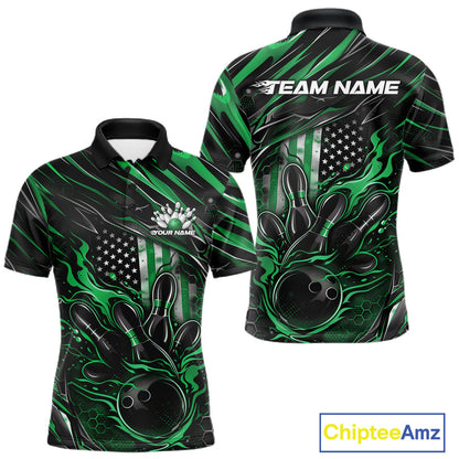 Front and back view of a black and green men’s bowling polo shirt featuring a patriotic flaming bowling ball striking pins with American flag accents.