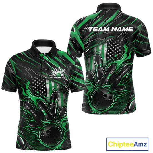 Front and back view of a black and green men’s bowling polo shirt featuring a patriotic flaming bowling ball striking pins with American flag accents.