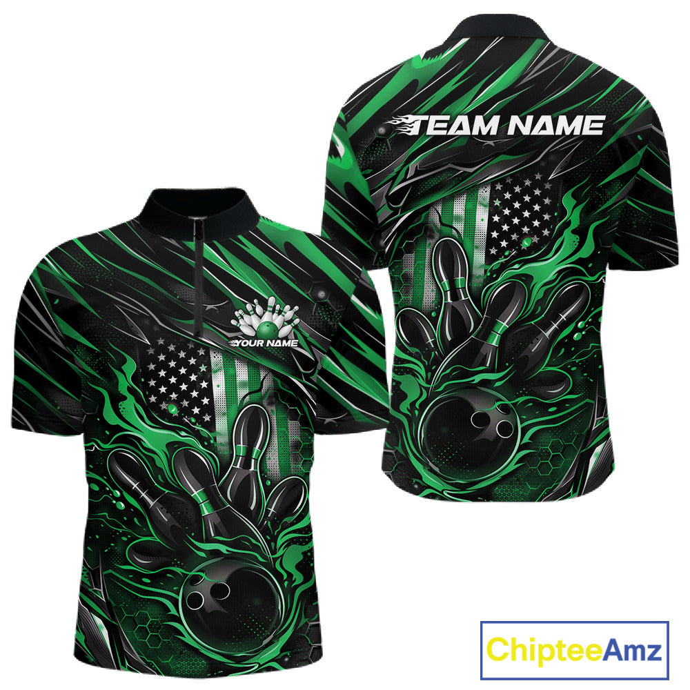 Front and back view of a black and green men’s bowling quarter-zip shirt featuring a patriotic flaming bowling ball striking pins with American flag graphics.