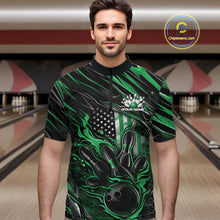 Load image into Gallery viewer, Custom Green American Flag Flame Men Bowling Quarter-Zip Shirt, Patriotic Bowling Jersey IPHW11179