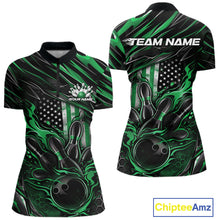 Load image into Gallery viewer, Custom Green American Flag Flame Women Bowling Shirt, Patriotic Bowling Jersey IPHW11179