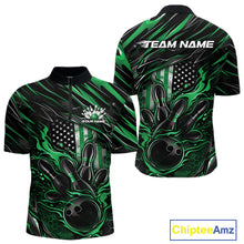 Load image into Gallery viewer, Custom Green American Flag Flame Men Bowling Quarter-Zip Shirt, Patriotic Bowling Jersey IPHW11179