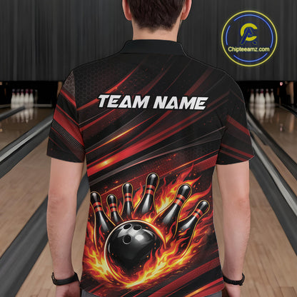 Back view of a male model in a bowling center wearing a black and red-orange polo shirt showcasing a fiery bowling action scene.