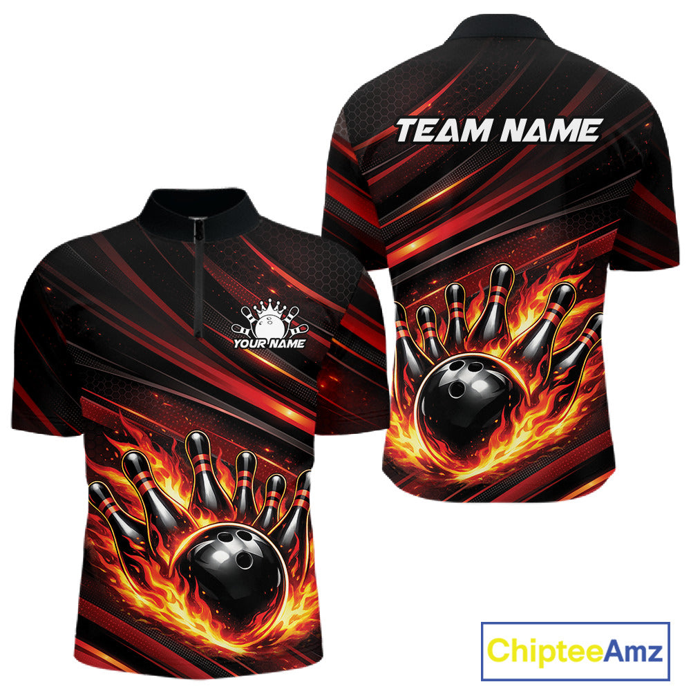 Front and back view of a black and red-orange men’s bowling quarter-zip shirt showcasing a fiery bowling ball striking pins with abstract stripes.