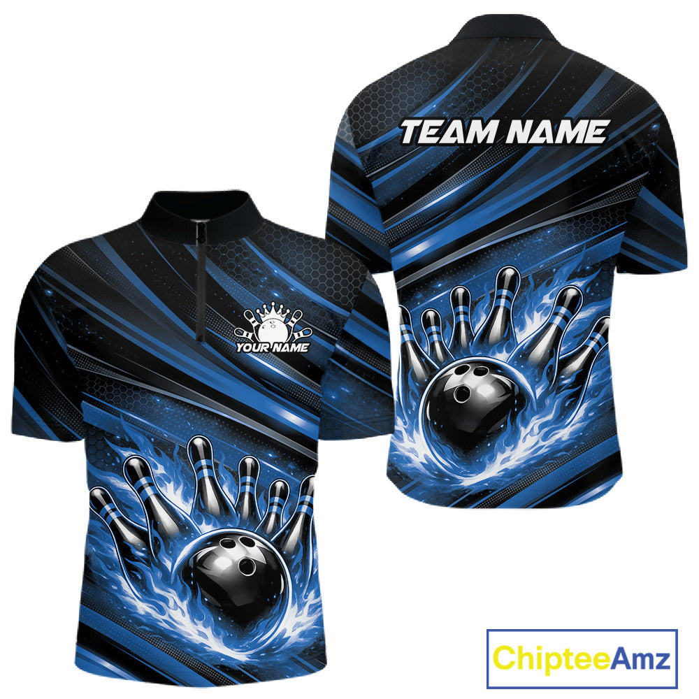 Front and back mockup of a black and blue men’s bowling quarter-zip shirt featuring a fiery bowling ball striking pins with abstract stripe graphics.