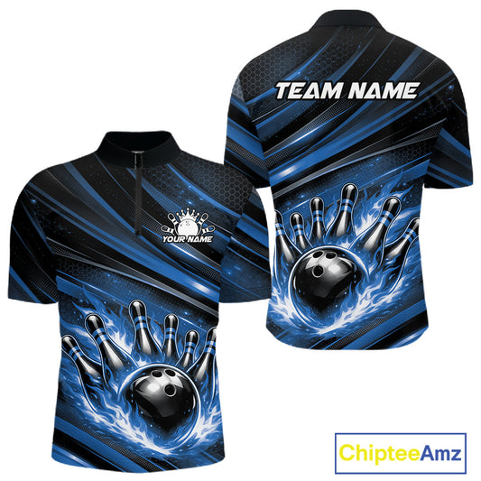 Front and back mockup of a black and blue men’s bowling quarter-zip shirt featuring a fiery bowling ball striking pins with abstract stripe graphics.