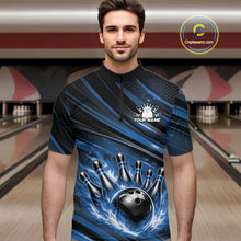 Load image into Gallery viewer, Custom Blue Fire Flame Bowling Team Men Quarter-Zip Shirt, Bowling League Shirt IPHW11186
