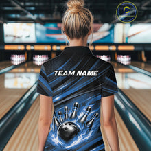 Load image into Gallery viewer, Custom Blue Fire Flame Bowling Team Women Quarter-Zip Shirt, Bowling League Shirt IPHW11186