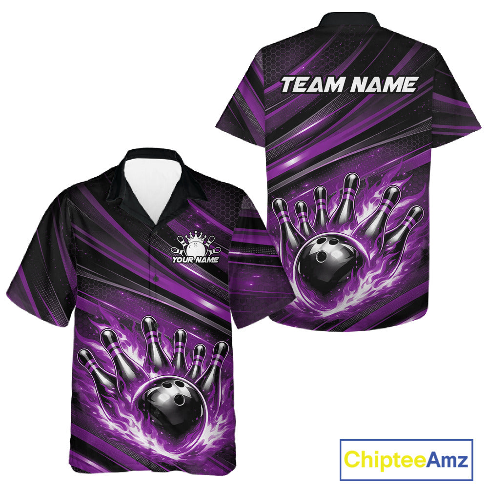 Front and back view of a black and purple button-up bowling shirt featuring a fiery bowling strike scene with dynamic abstract stripes.